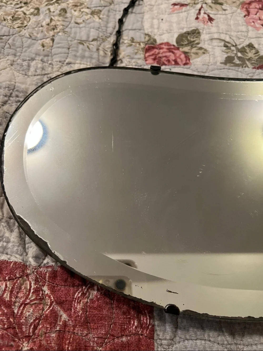 Antique Art Deco Beveled kidney shape hanging mirror w chain